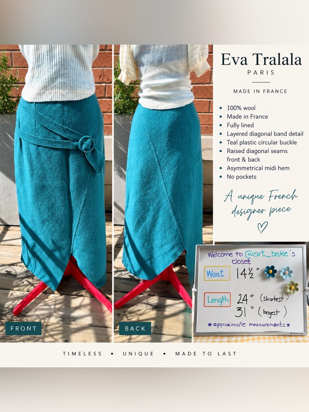 Eva Tralala Paris 100% Wool Asymmetrical Midi Skirt Teal M